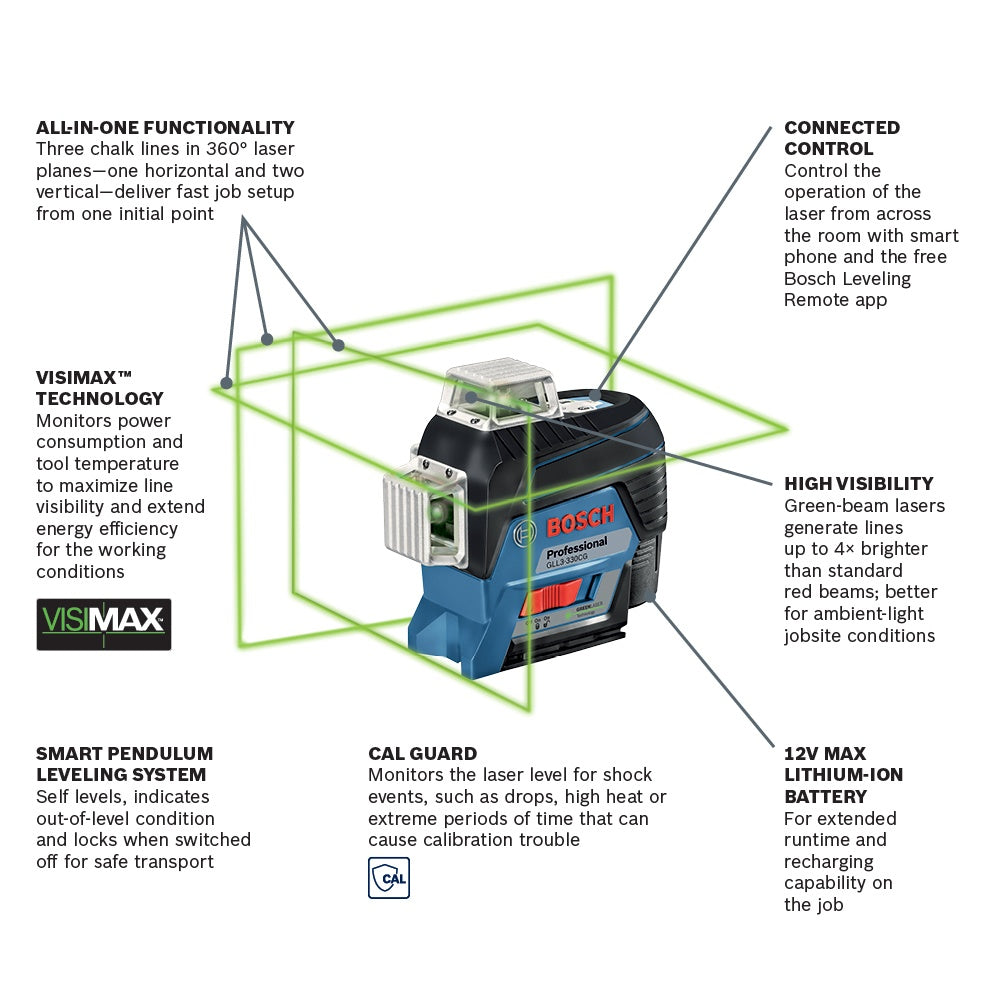 BOSCH GLL3-330CG 12V Max 360? Connected Green-Beam Three-Plane Leveling and Alignment-Line Laser Kit with (1) 2.0 Ah Battery VM Hardware