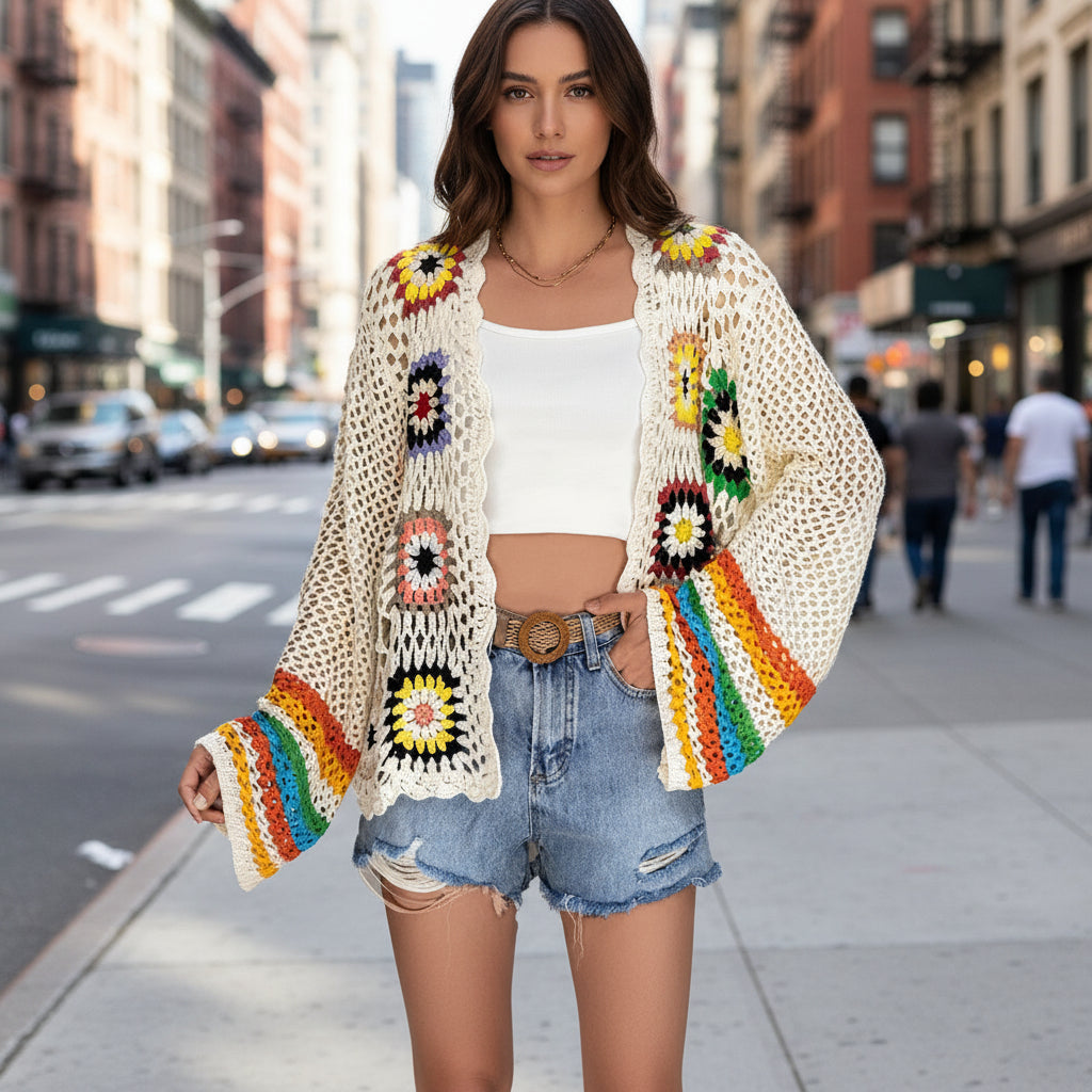Hand-Crocheted Floral Cardigan Sweater | Boho Open Front Knit Top FitiqueFit