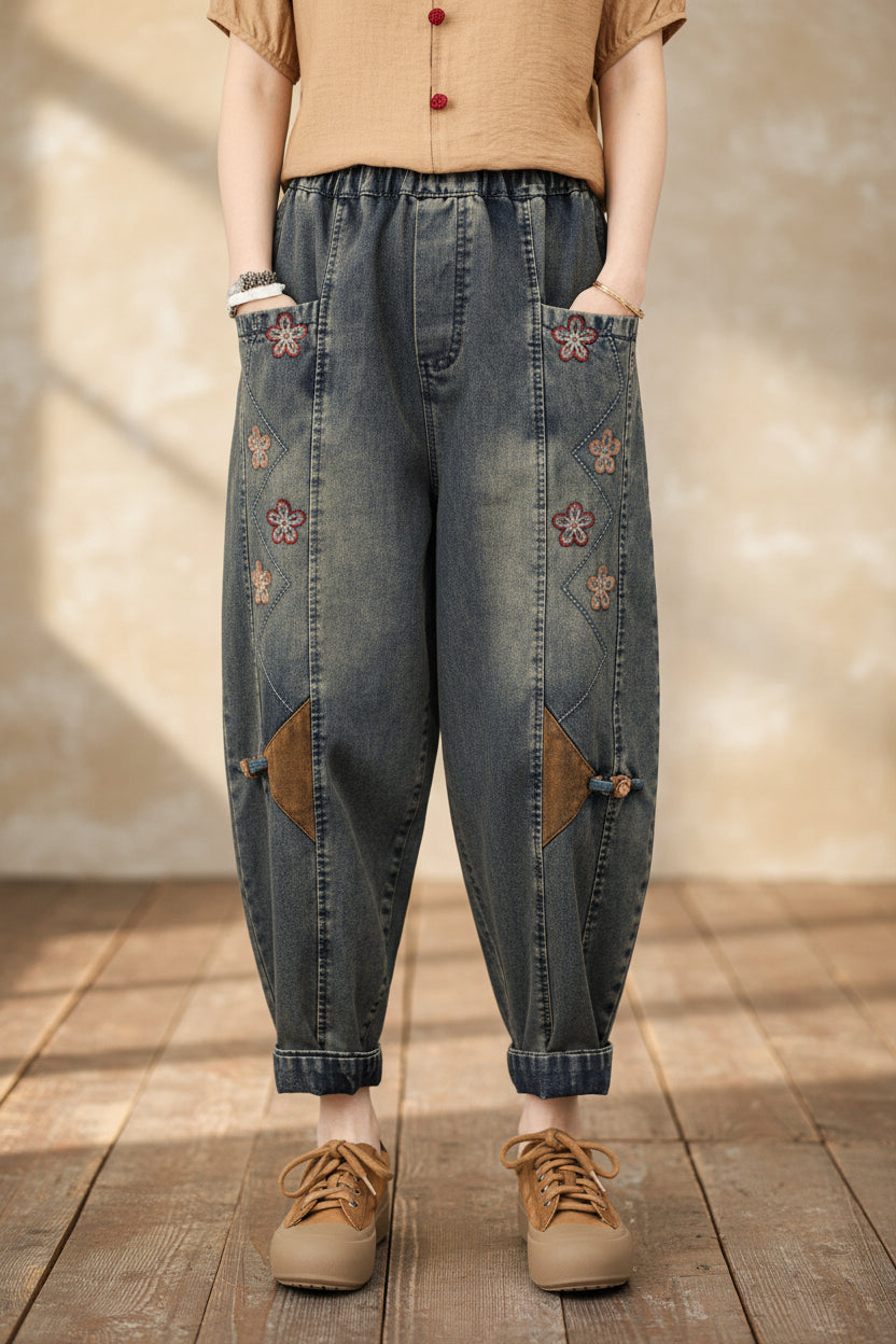 Patchwork Embroidered Cropped Harem Pants – Women's Wide Leg High Waist Denim FitiqueFit