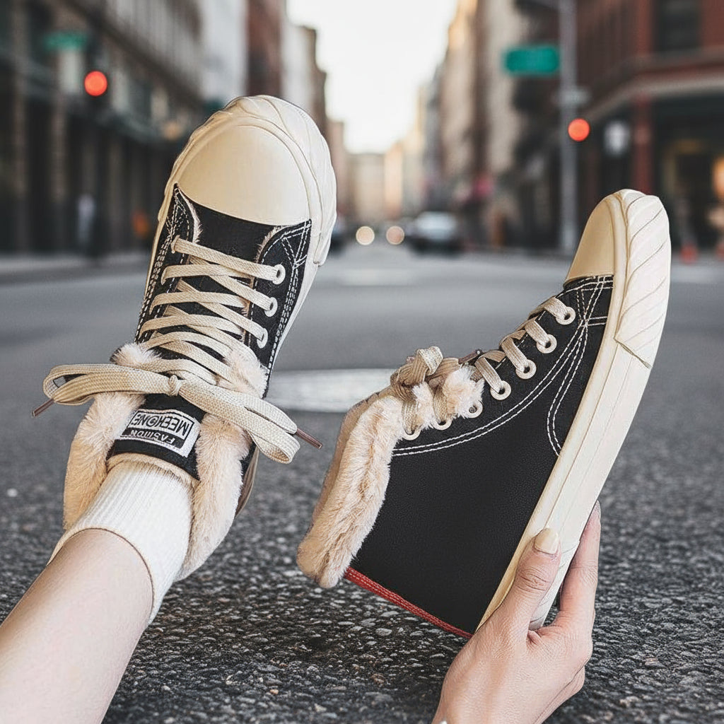 Women’s Warm Black Winter Thick Flat High-Top Velvet Canvas Shoes FitiqueFit