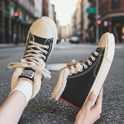 Women’s Warm Black Winter Thick Flat High-Top Velvet Canvas Shoes FitiqueFit