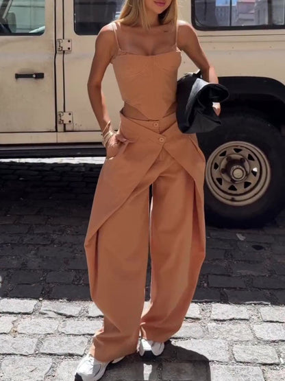 Spaghetti Strap Corset Top & Wide-Leg Pants Set – Camel, XS–2XL FitiqueFit