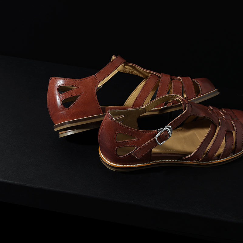 Women's Washed Full Grain Leather Fisherman Sandals – Closed-Toe Woven T-Strap FitiqueFit