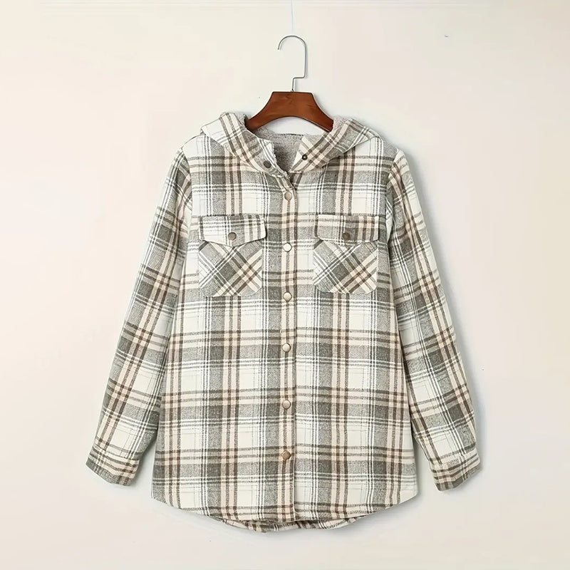 Women's Plaid Button-Up Long Sleeve Jacket Fall Winter  Flap Button Pocket Design Casual Hooded Fleece-Lined Warm Coat See size chart under “more details” The Fashion Celestial