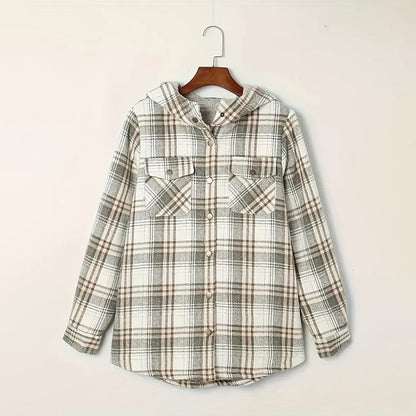 Women's Plaid Button-Up Long Sleeve Jacket Fall Winter  Flap Button Pocket Design Casual Hooded Fleece-Lined Warm Coat See size chart under “more details” The Fashion Celestial