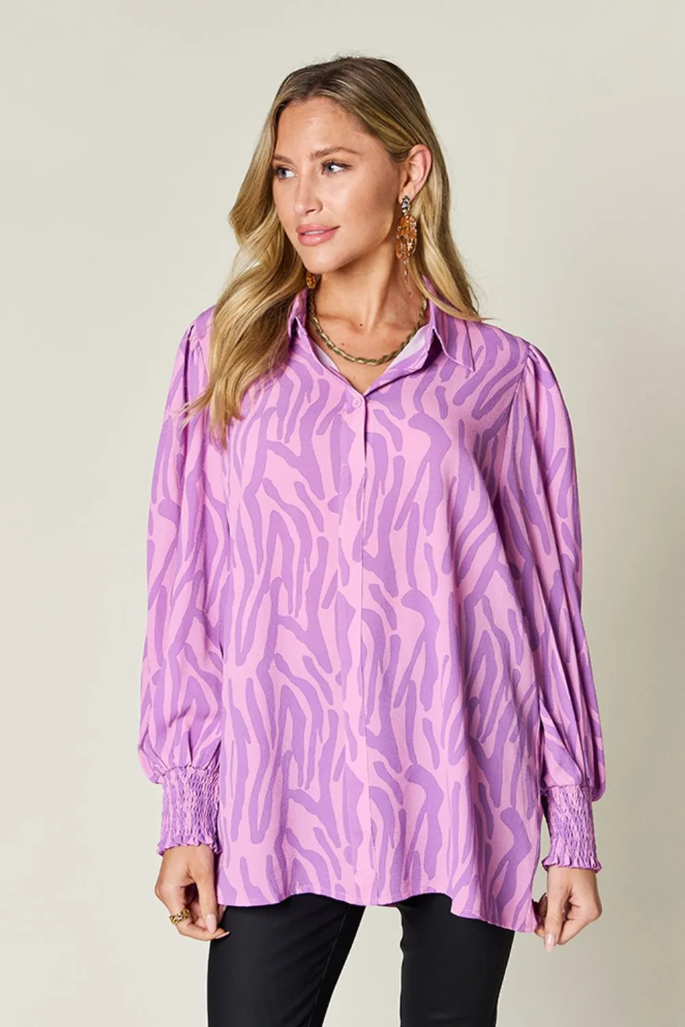 Double Take Full Size Printed Smocked Long Sleeve Blouse Plus Size New Era Fashion LLc