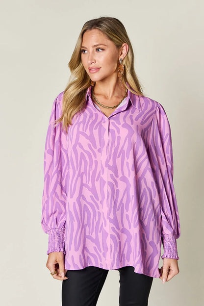 Double Take Full Size Printed Smocked Long Sleeve Blouse Plus Size New Era Fashion LLc