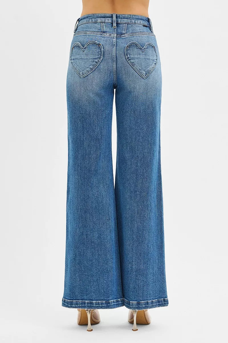 RISEN High Rise Wide Leg Jenas with Front Yoke and Heart Back Pocket West2East Surf