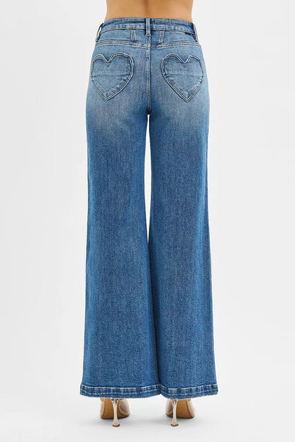 RISEN High Rise Wide Leg Jenas with Front Yoke and Heart Back Pocket West2East Surf