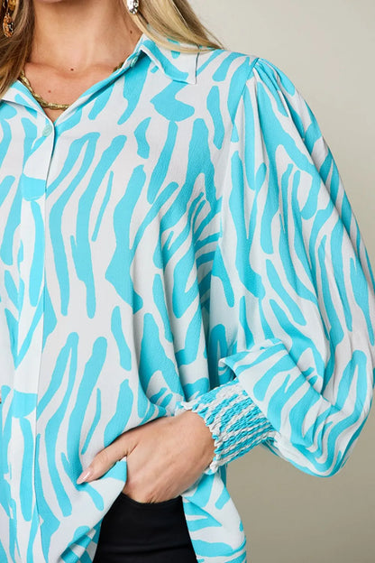 Double Take Full Size Printed Smocked Long Sleeve Blouse Plus Size New Era Fashion LLc