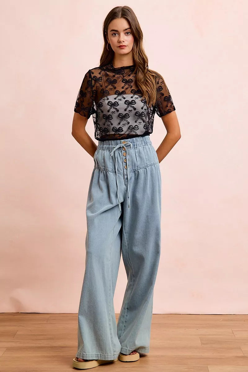 BiBi High Neckline Short Sleeves Bow Pattern Mesh Top New Era Fashion LLc