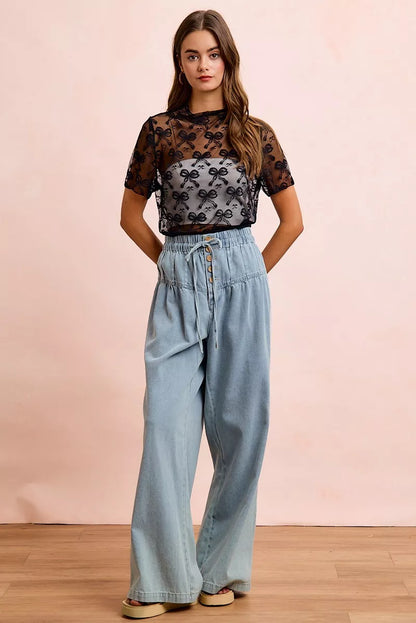 BiBi High Neckline Short Sleeves Bow Pattern Mesh Top New Era Fashion LLc