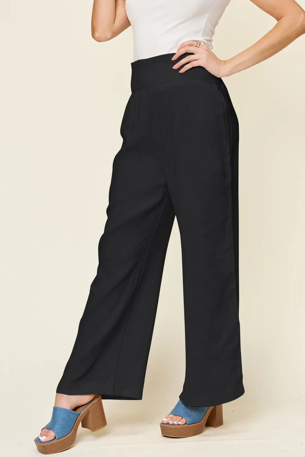 Double Take Full Size Texture Smocked Waist Wide Leg Pants New Era Fashion LLc