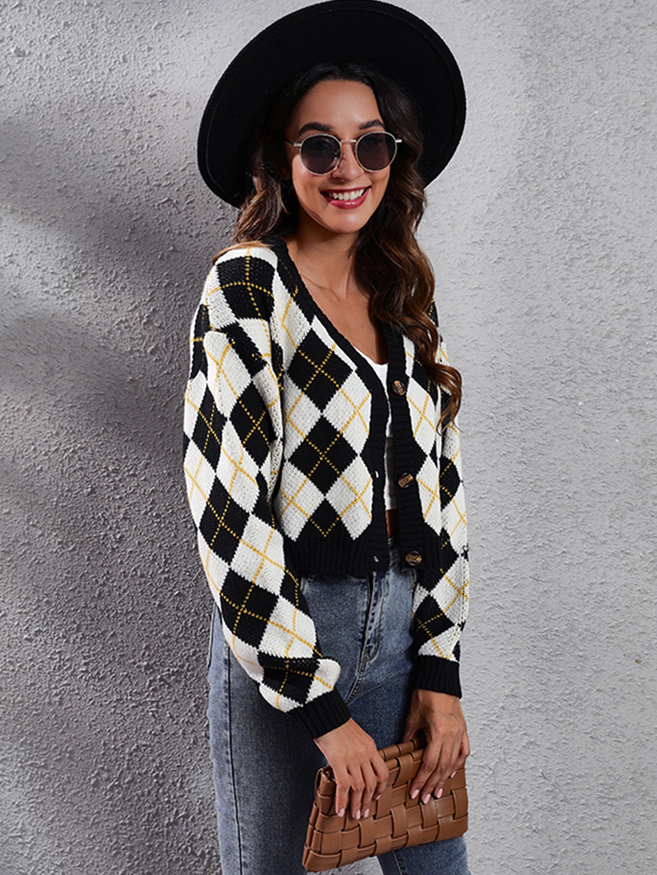 Women'S Elegant Tartan Knit Cardigan, V-Neck Short Length Sweater with Button Detail, Acrylic 100% Long Sleeve Knitwear for Fall/Winter NovaCart