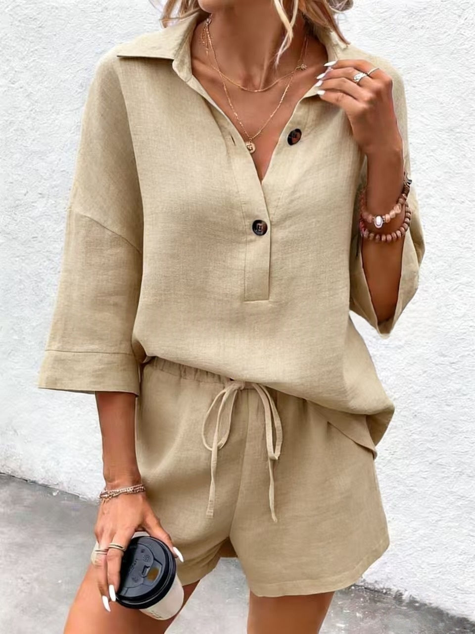 Women's Notch-Lapel Short-Sleeve Top & Belted Shorts Two-Piece Set FitiqueFit