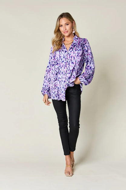 Double Take Full Size Printed Ruffle Trim Balloon Sleeve Shirt New Era Fashion LLc