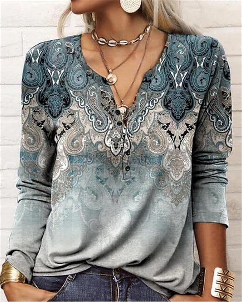 Women's Ethnic Print V-Neck Long Sleeve Loose T-Shirt FitiqueFit