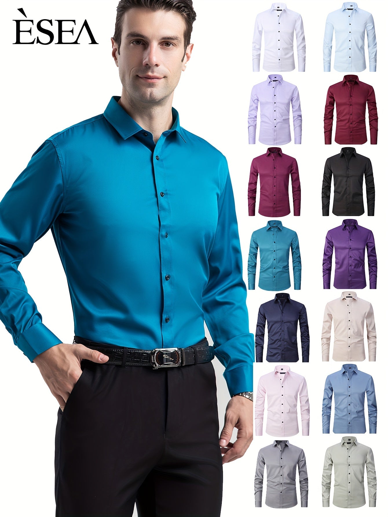Men'S Stretch Slim-Fit Formal Shirt Without Pockets, Light Business Turn- Collar Long-Sleeved Shirt, Men'S Business Shirt, Wrinkle-Resistant And Durable Solid Color Formal Long-Sleeved Shirt with Buttons And Pockets, Suitable NovaCart