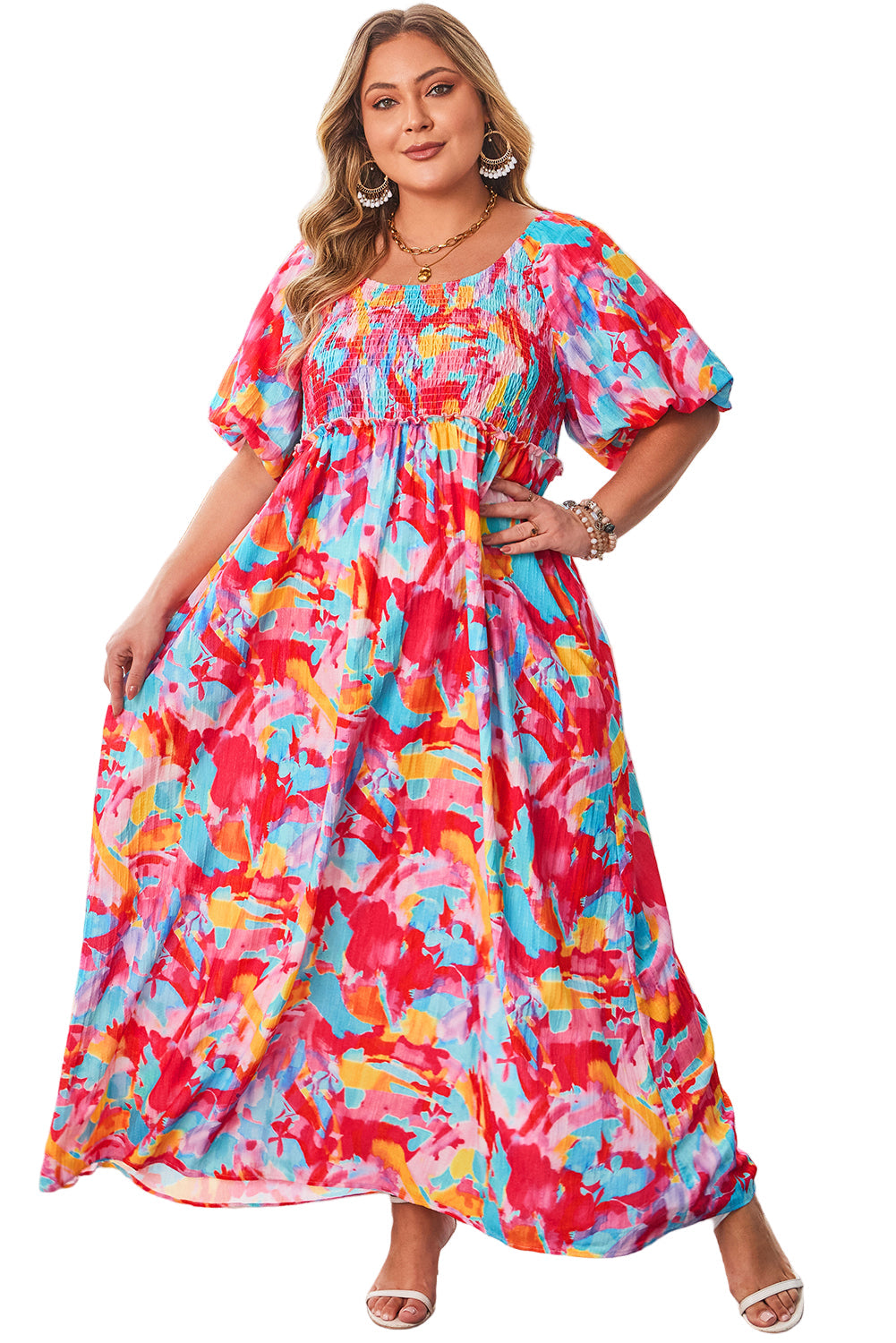 Rose Abstract Printed Puff Sleeve Square Neck Smocked Bust Tied Back Plus Size Dress Garden Naked Curves