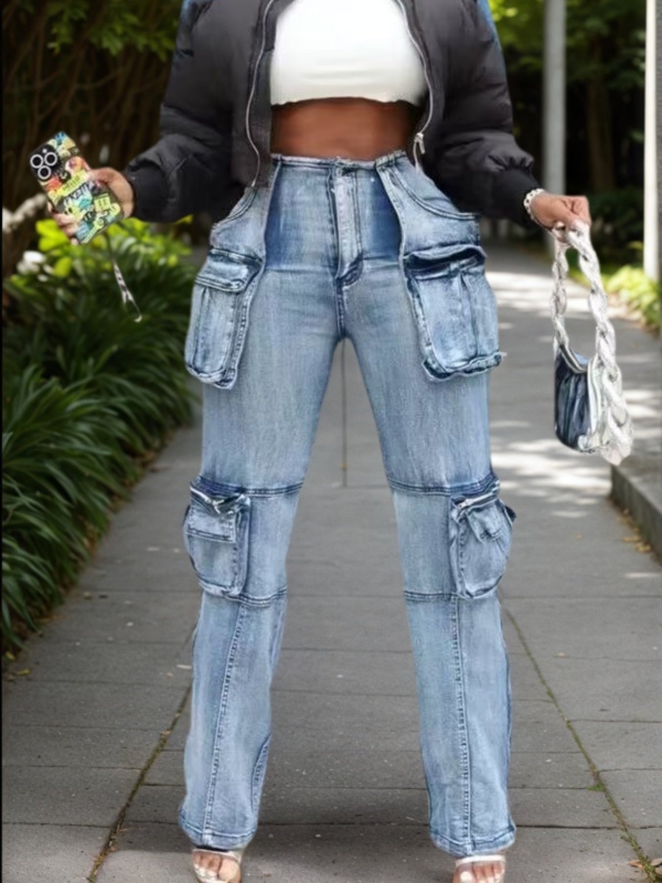 New Women's Casual And Versatile Multi-pocket Work Pants, Mid-waisted Washed Straight-cut Jeans See size chart under “more details” The Fashion Celestial