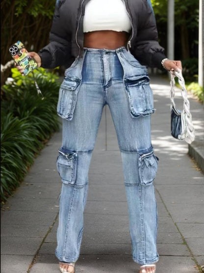New Women's Casual And Versatile Multi-pocket Work Pants, Mid-waisted Washed Straight-cut Jeans See size chart under “more details” The Fashion Celestial