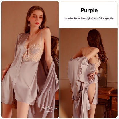 Womens Plus-Size Lace Ice Silk Underwire Camisole Bathrobe Set See size chart under “more details” The Fashion Celestial