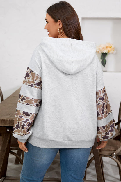 Light Grey Camouflage Patchwork Asymmetric Sleeve Plus Size Hoodie Garden Naked Curves