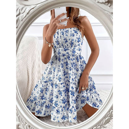 Floral Print Smocked Mini Dress Spaghetti Strap Slim Fit Flowy Dresses FitiqueFit