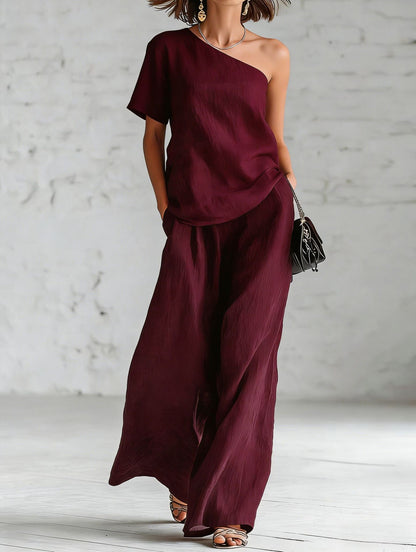 Women's Wide-Leg Pants & Top Set – 2-Piece Three-Quarter Sleeve Outfit FitiqueFit