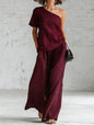 Women's Wide-Leg Pants & Top Set – 2-Piece Three-Quarter Sleeve Outfit FitiqueFit