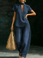 Faux Denim Two-Piece Set – Loose-Fit Short-Sleeve & Pants FitiqueFit