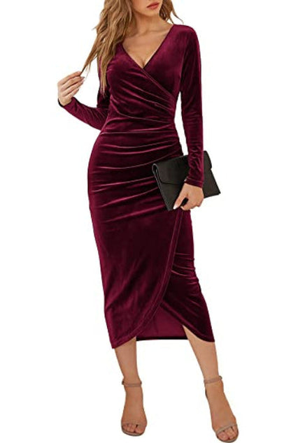 Long Skirt V-neck Wrap Hip Irregular Medium Length Dress Grayceful LLC