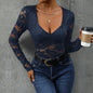 Women’s Lace Long Sleeve Bodysuit – Deep V Neck Solid Top FitiqueFit
