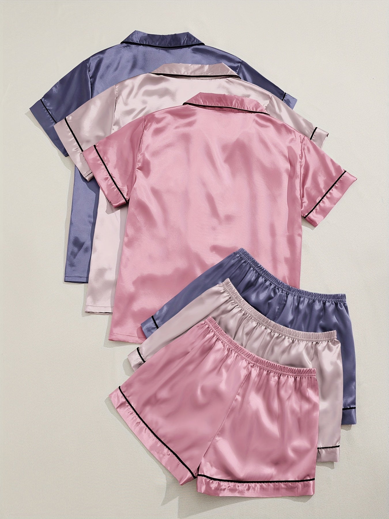 [Three Suits] Multicolor Variety of Short-sleeved Shorts Solid Color Imitation Y Satin PJ Set Women's Two-piece Suit NovaCart