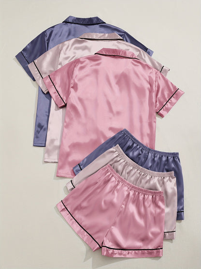 [Three Suits] Multicolor Variety of Short-sleeved Shorts Solid Color Imitation Y Satin PJ Set Women's Two-piece Suit NovaCart