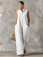 Linen Blend Sleeveless Stand-Collar Jumpsuit – 5 Colors S–3XL FitiqueFit