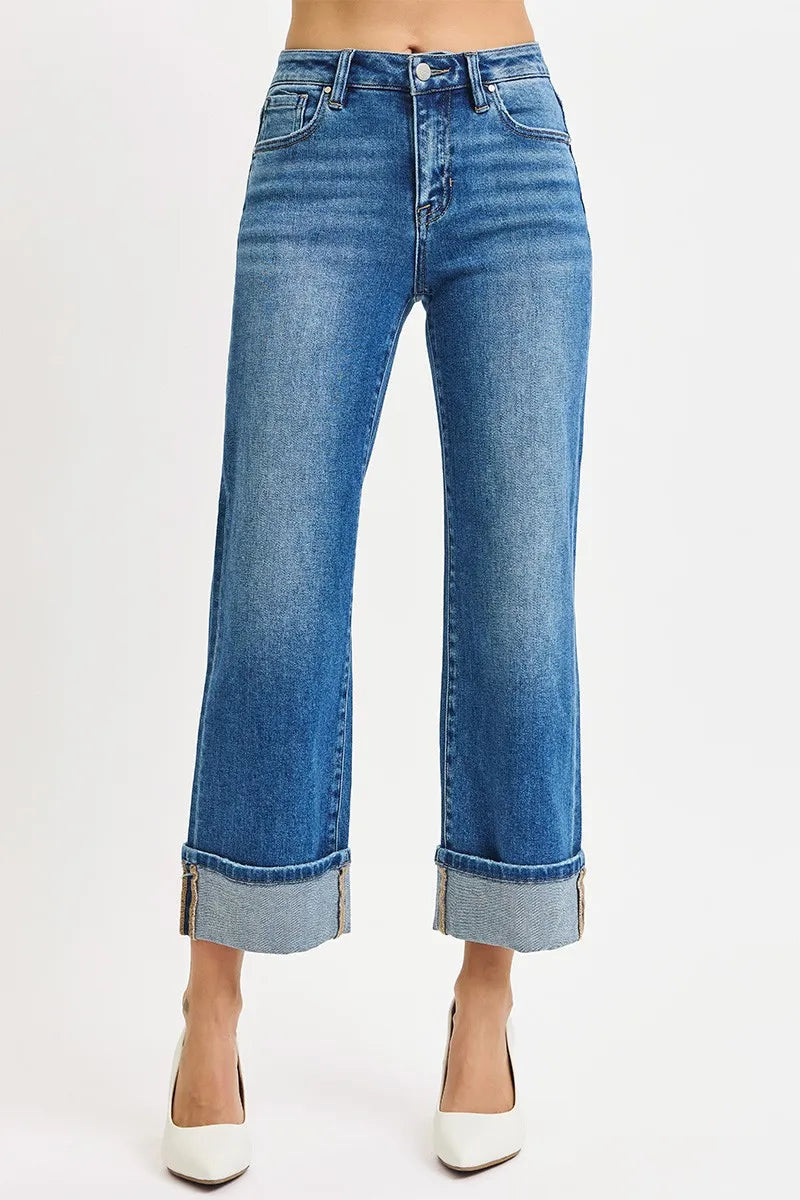 RISEN Full Size Mid Rise Crop Straight Cuffed Jeans Plus Size West2East Surf