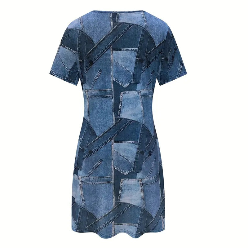 Women's Plus Size Digital Print Denim-Look Short Sleeve Dress FitiqueFit