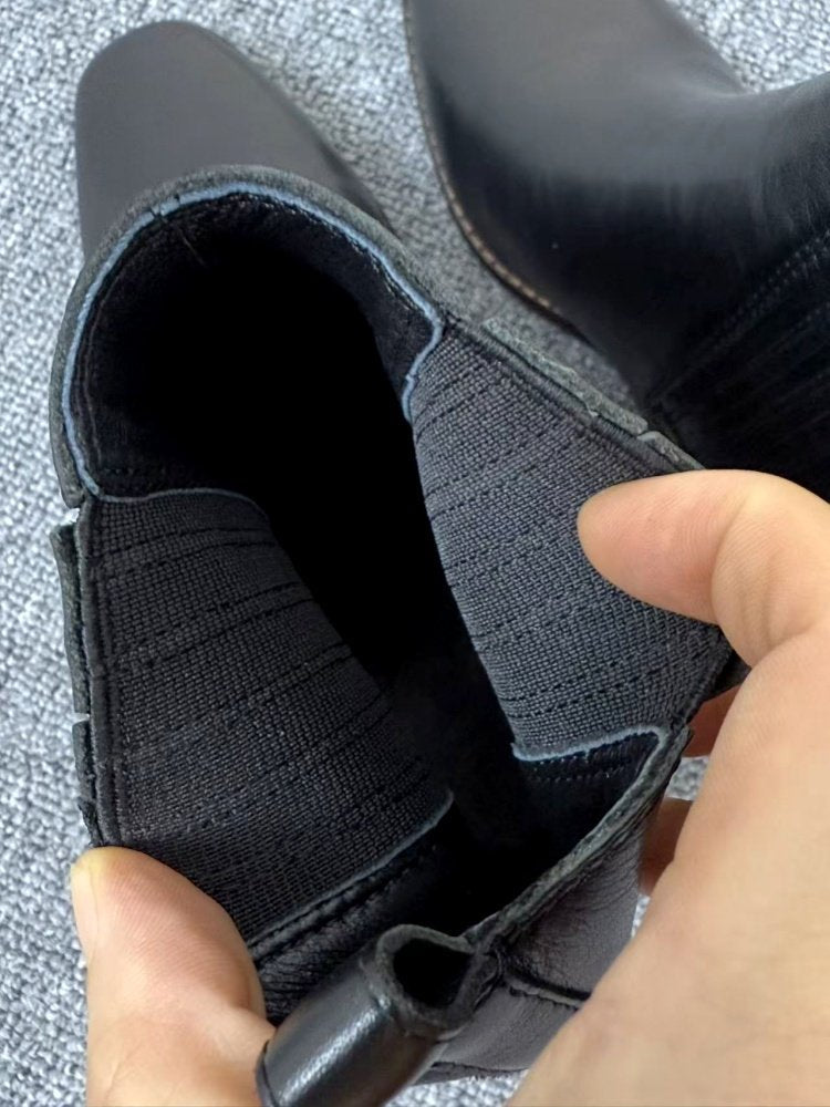 Women’s Retro Square-Toe Mid-Heel Chunky Leather Boots FitiqueFit