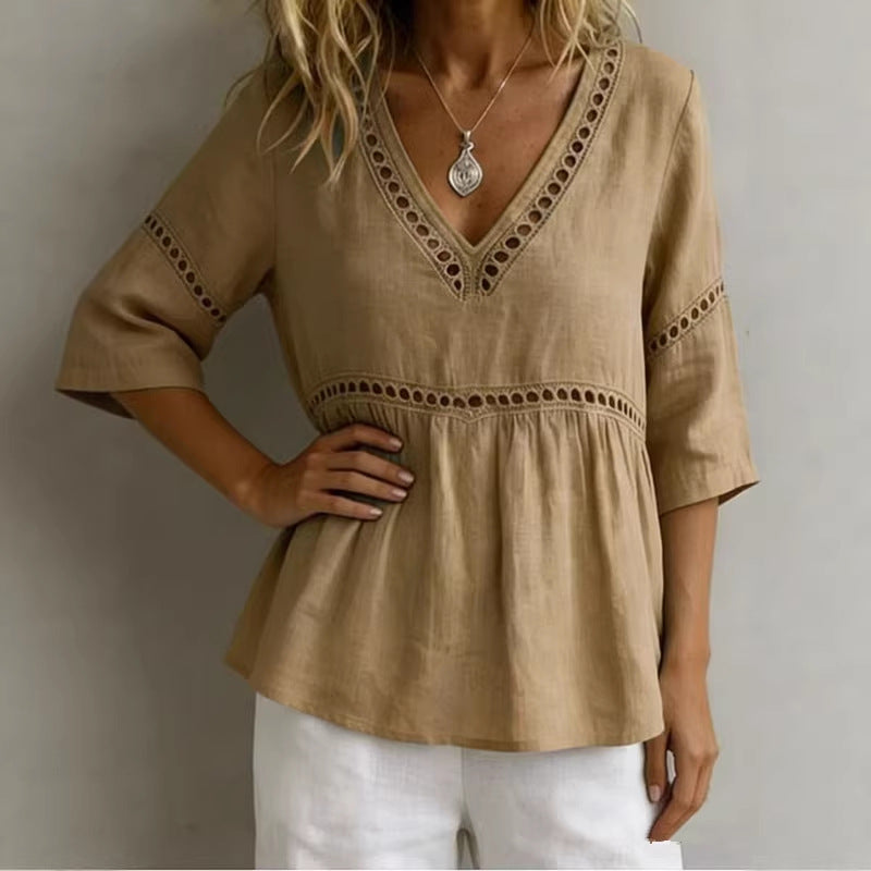 Women's V-Neck Hollow-Out Fringe Cotton-Linen Top FitiqueFit