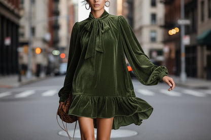 Women’s Bow-Tie Puff Sleeve Dress – Elegant Asymmetric Ruffle Hem Short Dress FitiqueFit