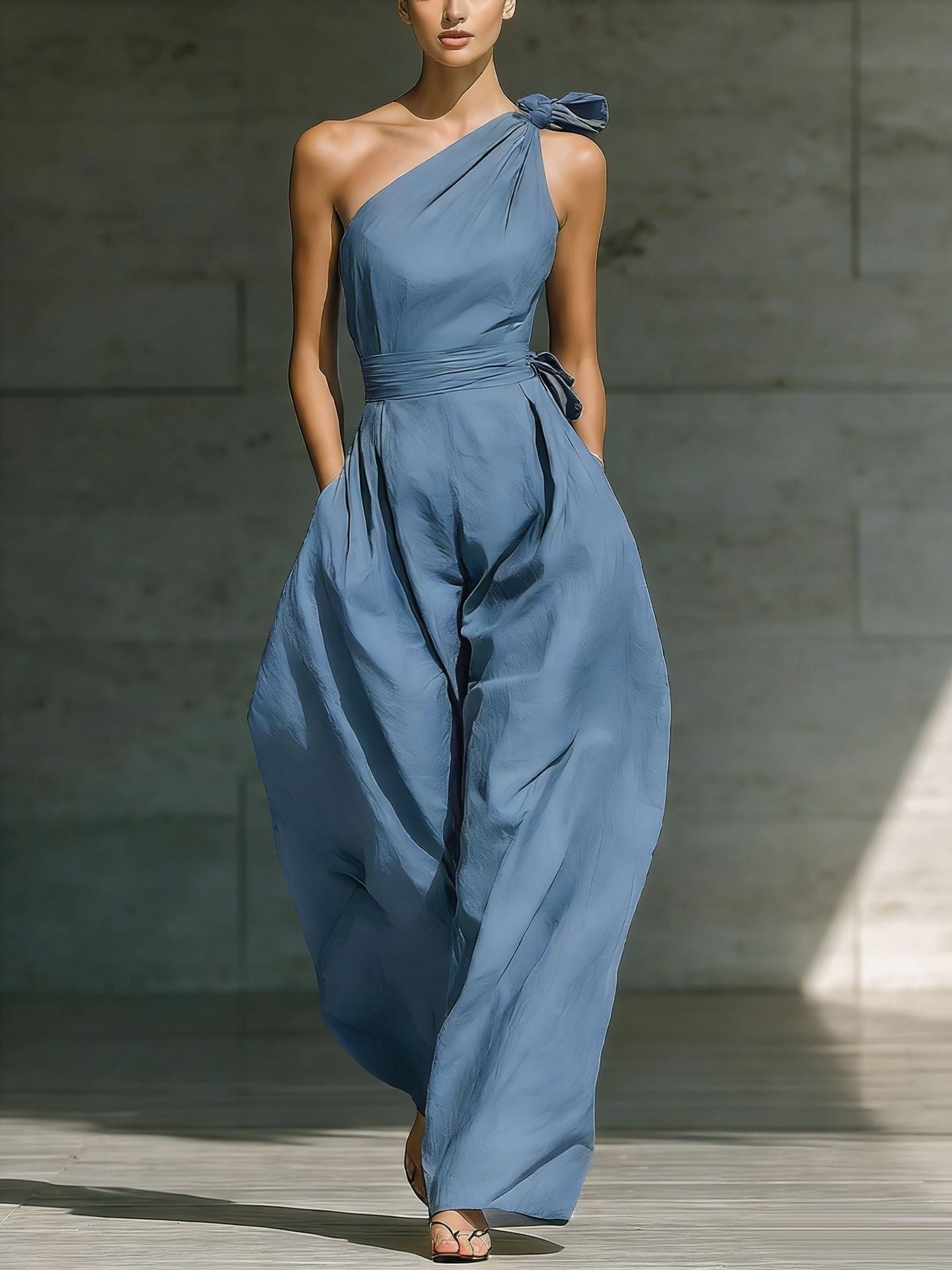 Women's Loose Sleeveless Off-Shoulder Belted Wide-Leg Jumpsuit FitiqueFit