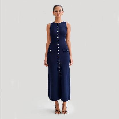 Elegant Knitted Sleeveless Dress With Single Breast Fashion Slim Round Neck Long Dresses Womens Clothing Grayceful LLC