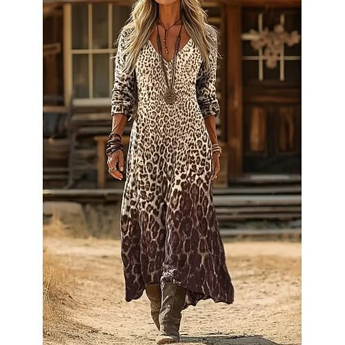 Women's Retro Chic 3D Print V-Neck Long-Sleeve A-Line Dress FitiqueFit