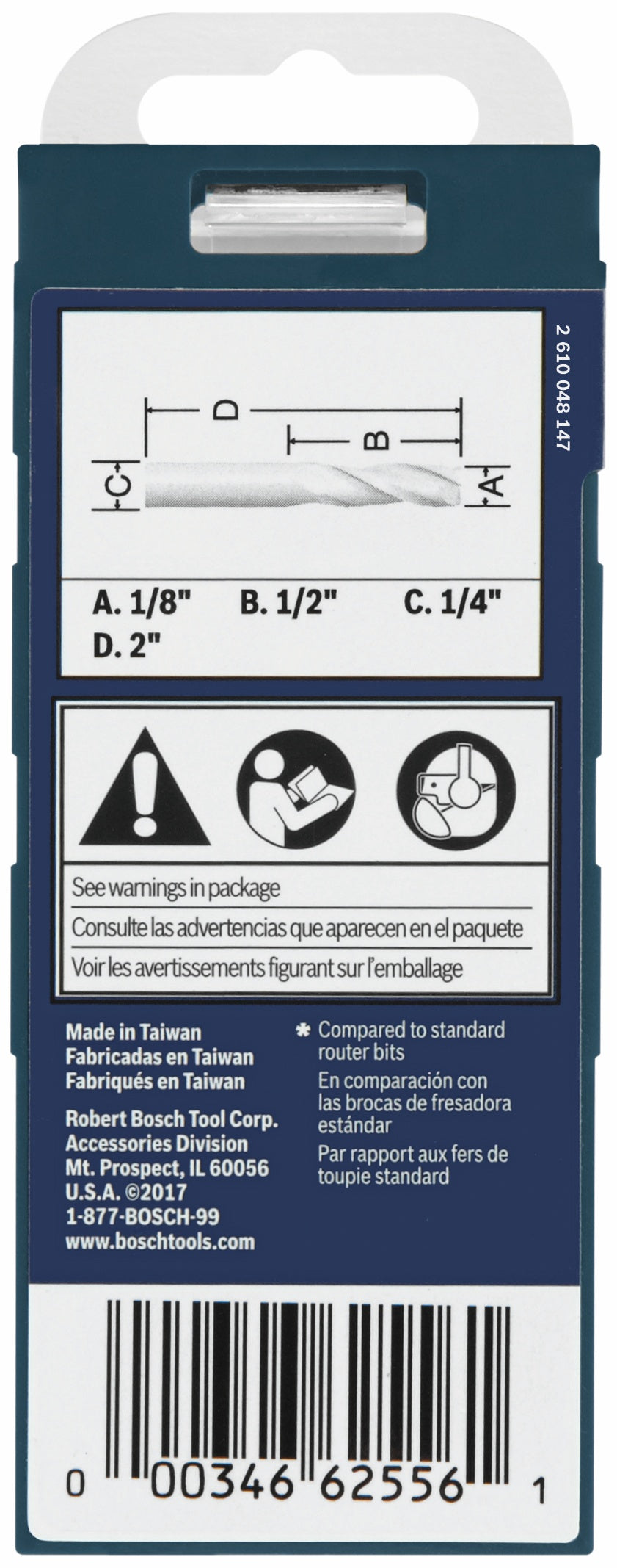 BOSCH 85908MC 1/8 In. x 1/2 In. Solid Carbide Double-Flute Upcut Spiral Router Bit VM Hardware