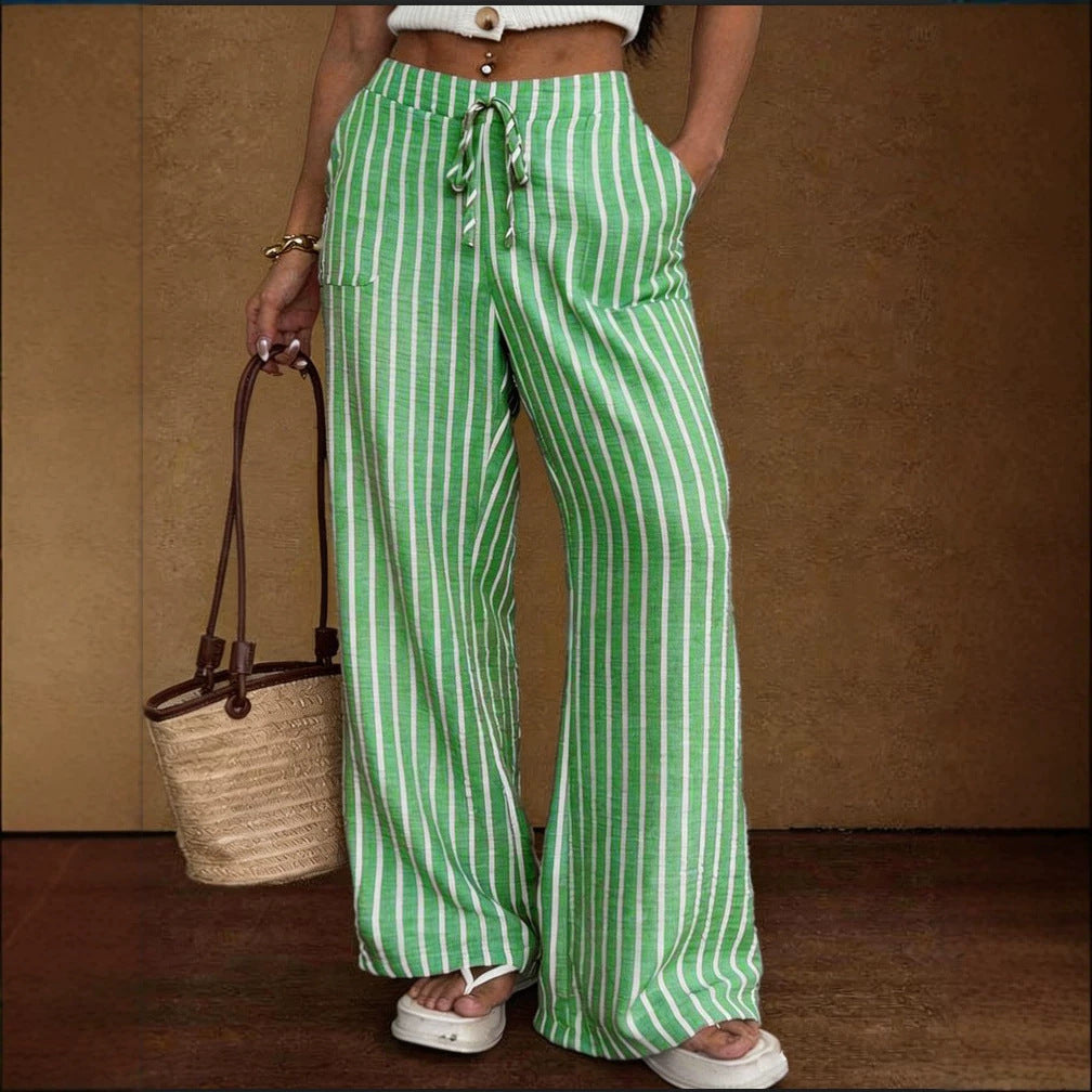 Women's Striped Wide-Leg Trousers – Lace-Up Elastic Waist Loose Fit FitiqueFit