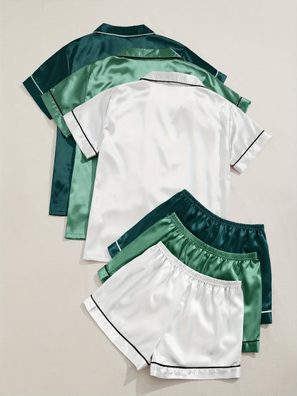 [Three Suits] Multicolor Variety of Short-sleeved Shorts Solid Color Imitation Y Satin PJ Set Women's Two-piece Suit NovaCart