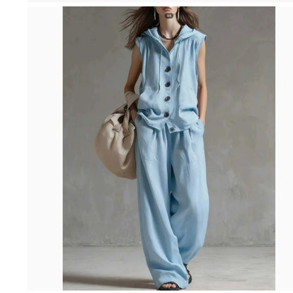 Sleeveless Hooded Top & Wide-Leg Pants Set | High-Waist Two-Piece FitiqueFit