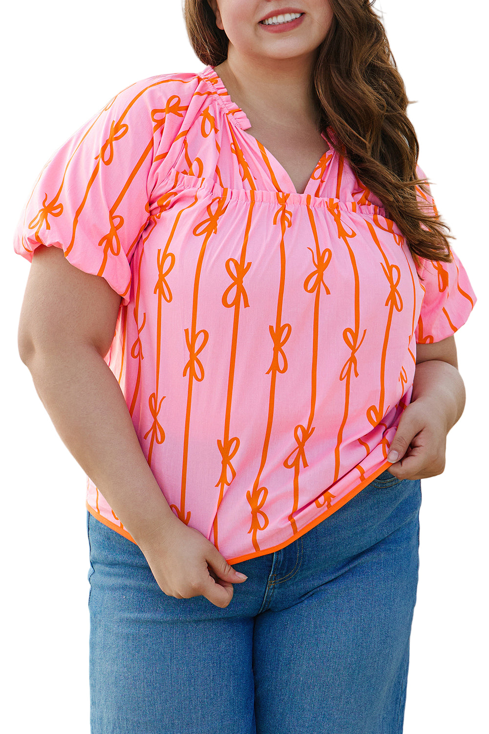 Rose Bowknot Print Shirred V Neck Puff Sleeve Plus Size Blouse Garden Naked Curves