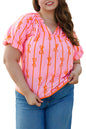 Rose Bowknot Print Shirred V Neck Puff Sleeve Plus Size Blouse Garden Naked Curves
